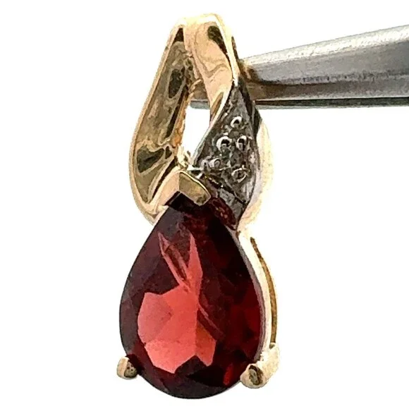 10K Yellow Gold Red Garnet White Diamond Pear Pendant